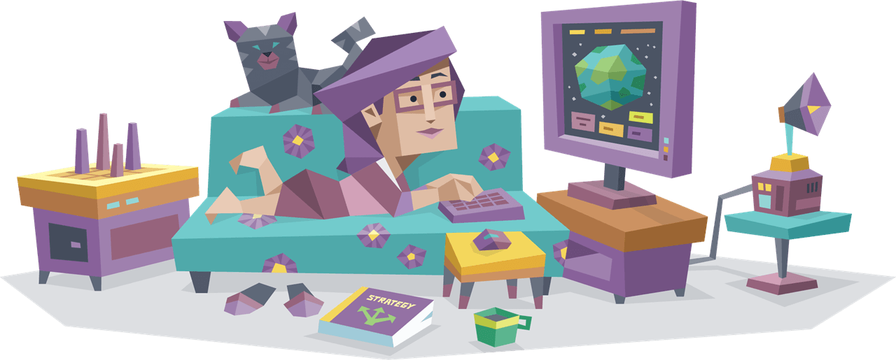 16Personalities scene of an INTJ personality type lounging on a couch using a computer, with a black cat perched behind them in a cozy, techy living room.