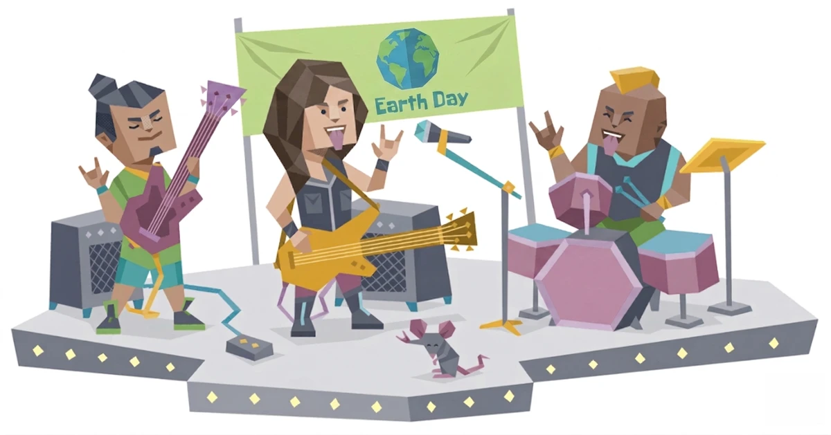 Illustration of a lively rock band performing on stage under an “Earth Day” banner, with stylized, geometric characters expressing different personality types – one singing with a guitar, another playing bass, and a drummer energetically performing – capturing individuality and celebration of Earth Day.