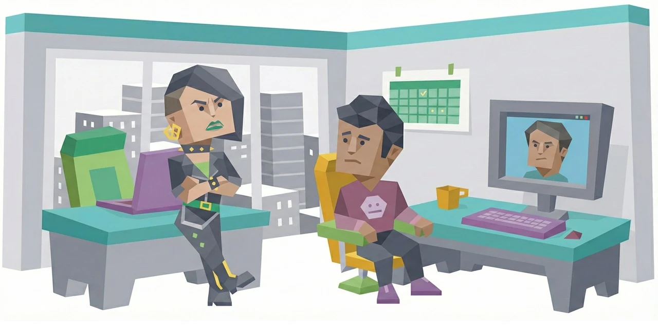 Illustration of a hybrid team conflict in an office setting: an angry employee sits at a desk pointing at a computer screen during a tense video call, while a colleague stands nearby with arms crossed and an annoyed expression. The scene represents workplace tension between different personality types in a hybrid team environment.