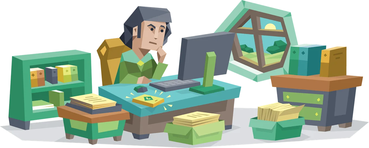 Illustration of the Mediator personality from 16personalities sitting at a desk with a ringing phone and computer, depicting the challenges of maintaining effective async communication in hybrid teams.