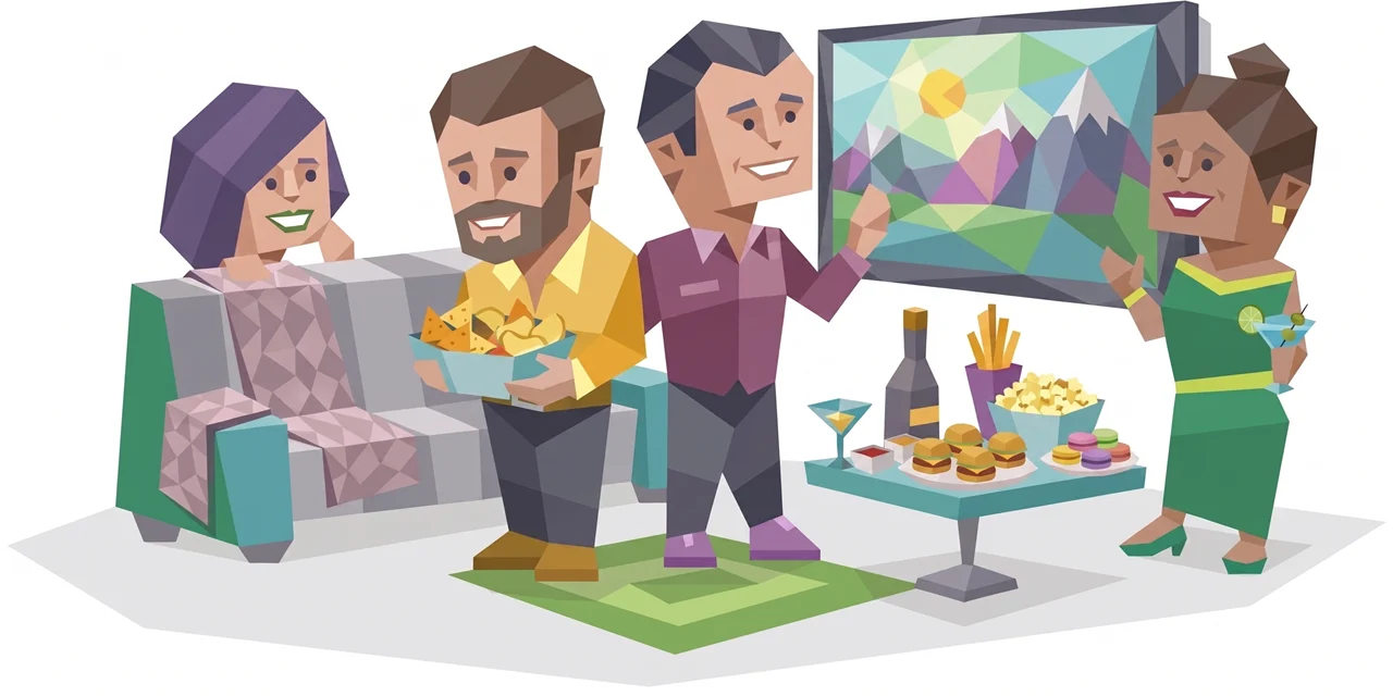 16Personalities watch party illustration of four friends gathered in a cozy living room—one lounging on a couch with a laptop, two chatting while holding snacks, and another gesturing toward colorful geometric wall art—surrounded by a table filled with chips, sliders, popcorn, drinks, and cocktails.