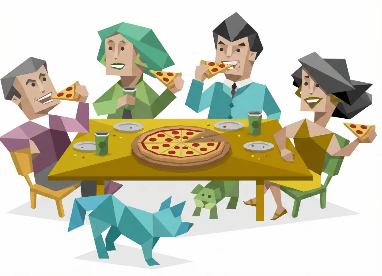 16Personalities illustration of different Personality Types sharing pizza at a dining table, with four people eating slices and a small dog nearby.