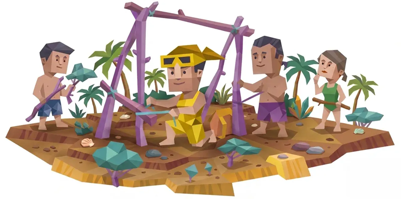 Illustration of four distinct 16Personalities-style characters working together on a small desert island, in a scene reminiscent of a primitive camp or a 'Survivor' challenge. In the center, a character wearing a yellow bathing suite, goggles, and a yellow cap (representing an ISTP personality type) is actively kneeling and using a primitive tool on a large wooden frame structure. They are flanked by two other characters, both in shorts, who are also assisting in building or providing materials. On the far right, a female character in a green swimsuit stands holding a stick, observing the process, representing another personality type. The island is detailed with faceted palm trees, geometric rocks, and a clear blue water base with a coral reef.