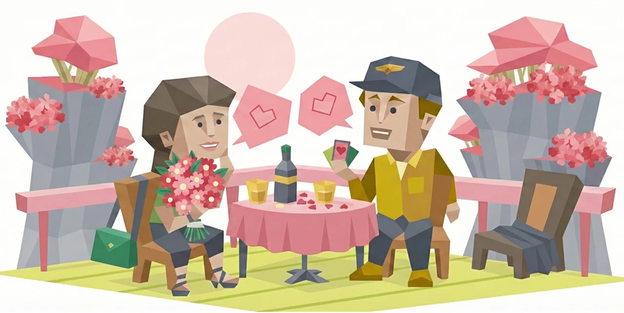 Stylized illustration of a couple seated at a café table with flowers and heart symbols for Valentine’s Day, reflecting relationship themes and personality types from 16personalities.