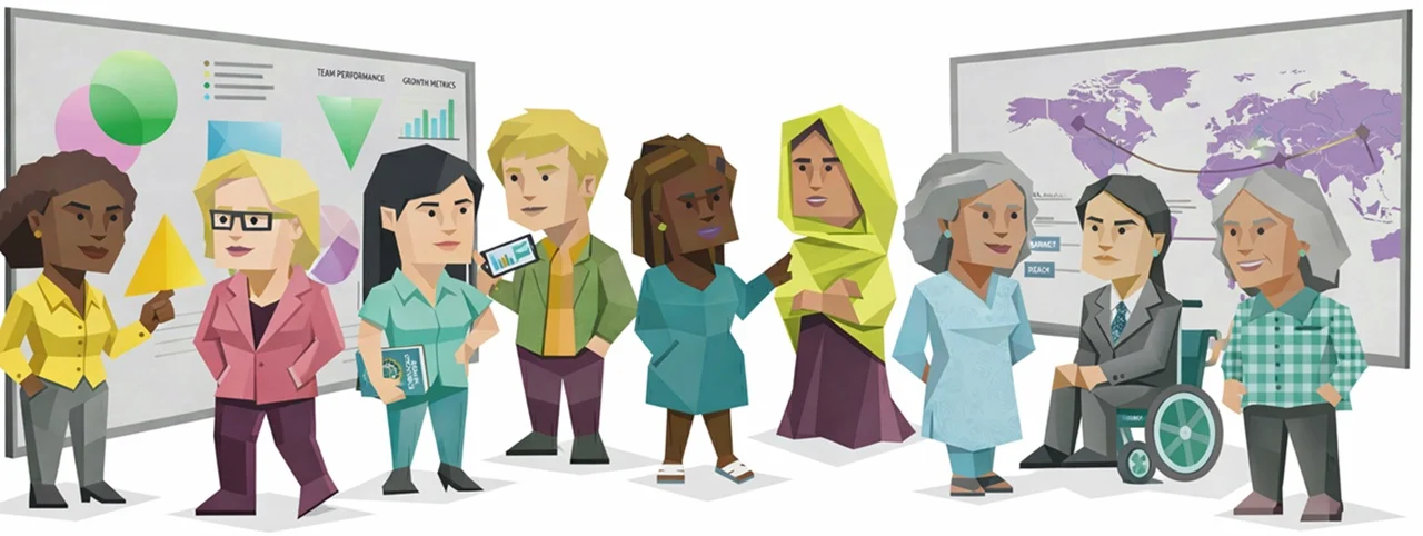 Illustration of diverse women representing different personality types standing together in a workplace setting with charts and a world map behind them. The group includes women of various ages, cultures, and abilities, including a woman in a wheelchair and a woman wearing a hijab, symbolizing inclusion and empowerment for International Women’s Day.