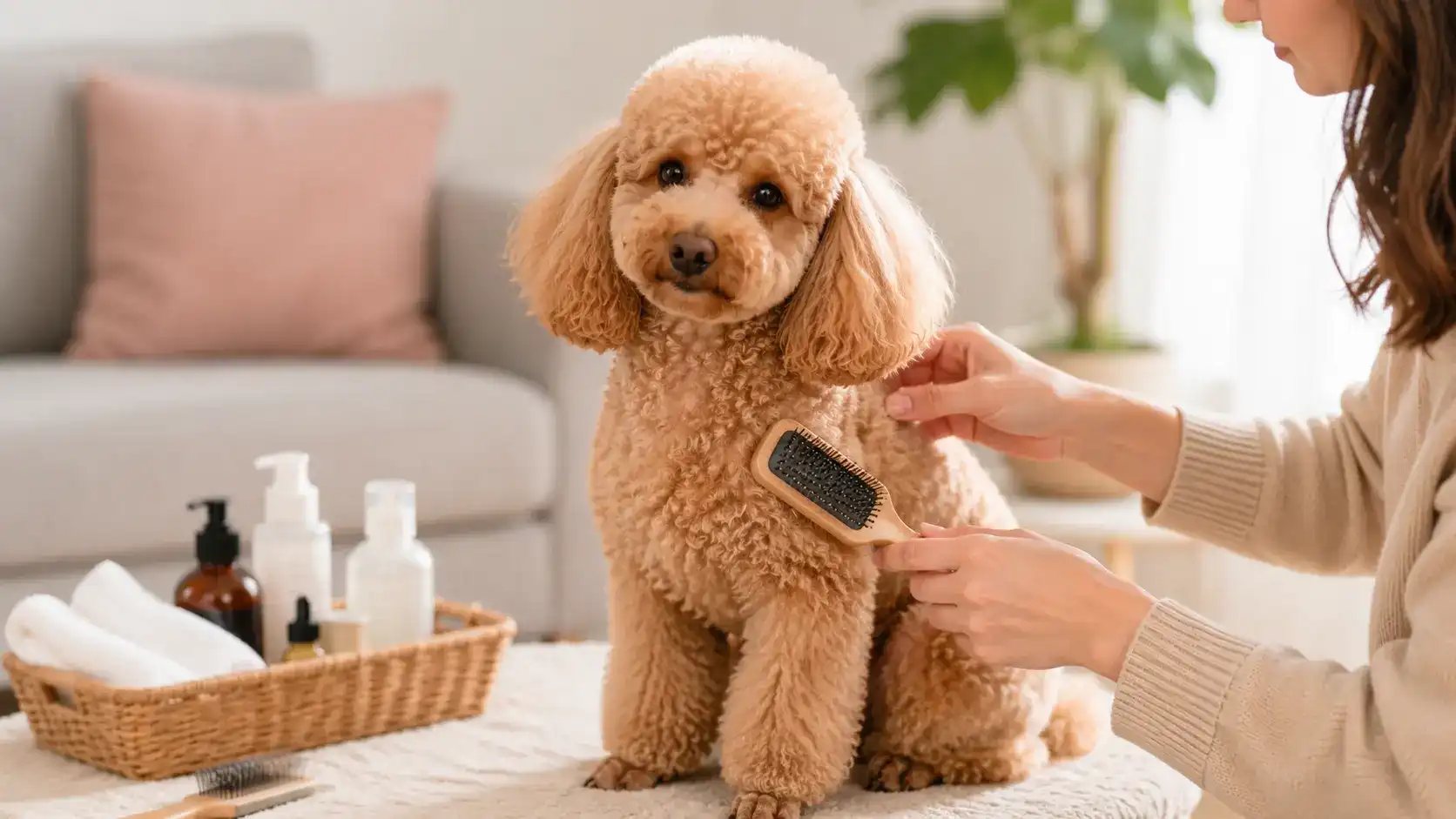 Cuidados del Caniche: perro de pelo rizado atendido en un entorno tranquilo