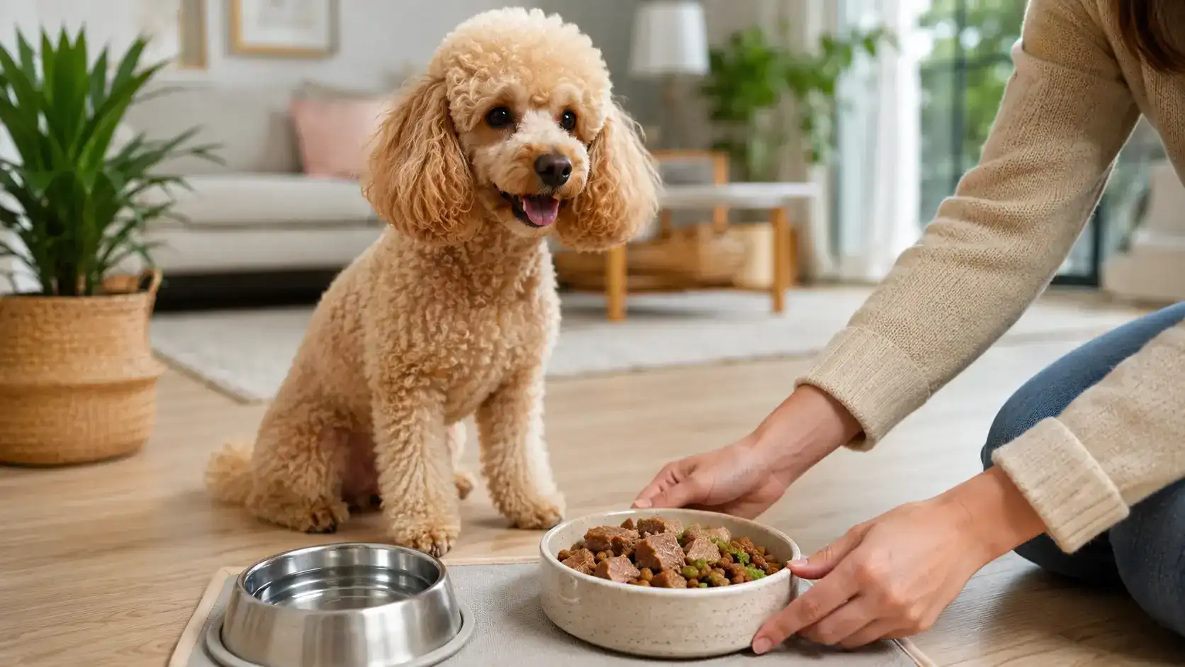 Alimentación del Caniche: perro pequeño de pelo rizado junto a su comida y agua