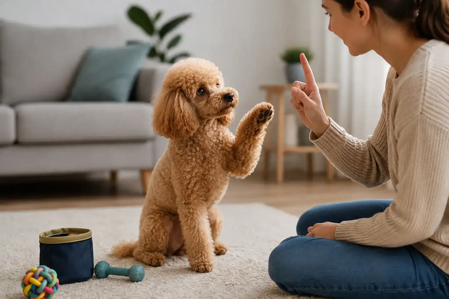 Educación del Caniche: perro inteligente aprendiendo una orden con premio