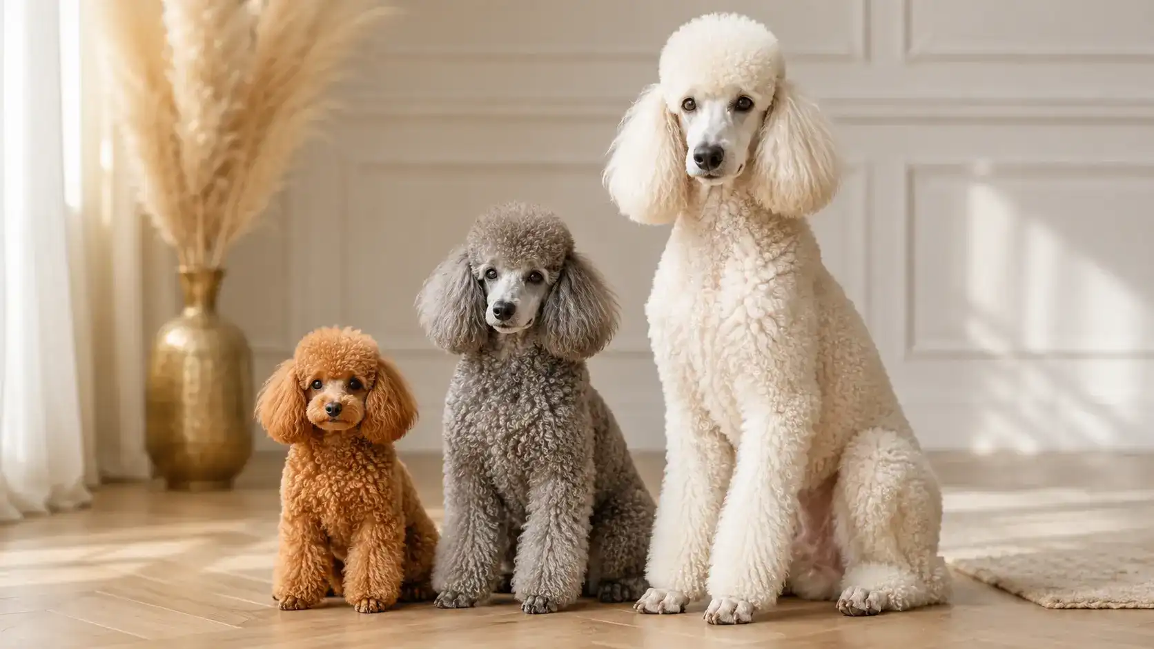 Tipos de Caniche: perro de pelo rizado que representa las variedades Toy, enano, mediano y grande
