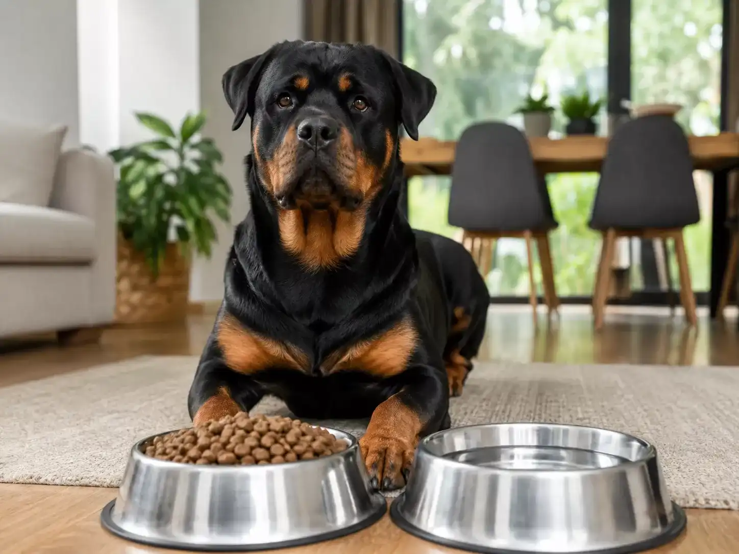 Rottweiler feeding: healthy Rottweiler waiting beside food and water bowls