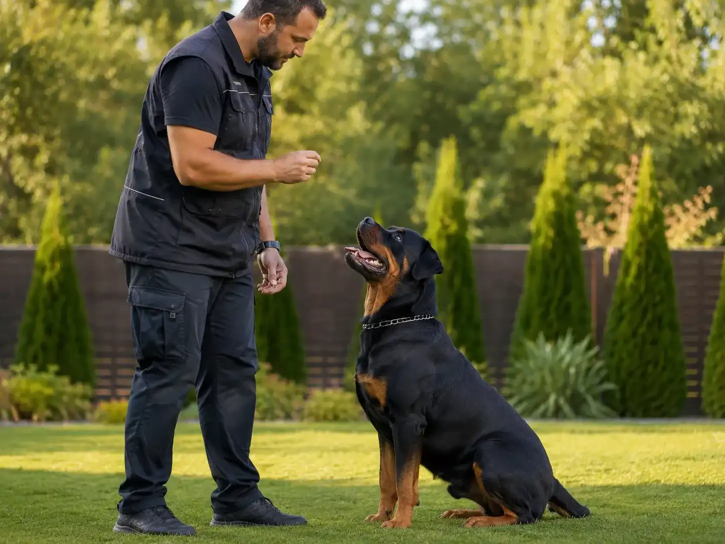 Rottweiler training: powerful and controlled Rottweiler focused during command practice