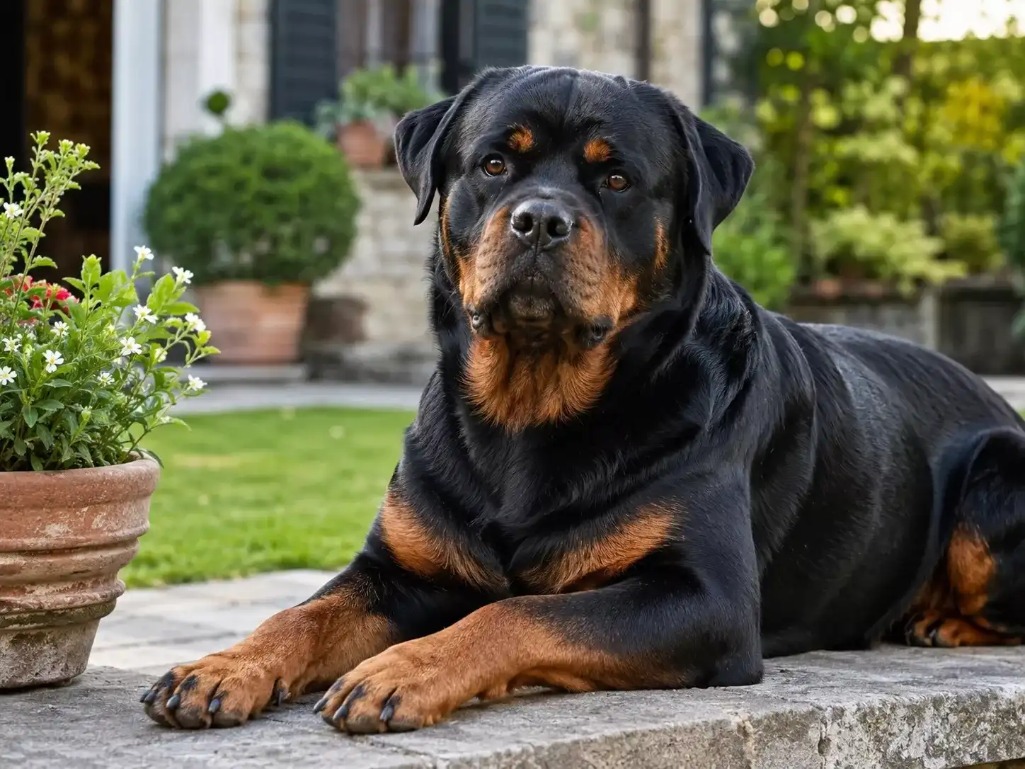 Rottweiler temperament: calm and focused Rottweiler watching its owner attentively