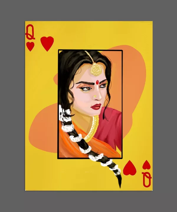 Queen of Hearts - Rekha | Desi Art Metal Poster - Digital art of iconic actress Rekha on a queen of hearts