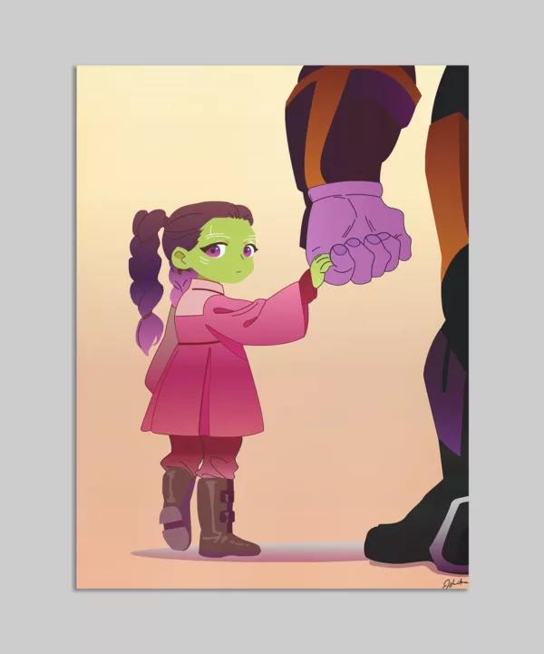 Gamora Fanart Metal Poster - Adorn your space with this captivating metal poster featuring Little Gamora holding Thanos's hands, a poignant scene from Marvel's Guardians of the Galaxy.