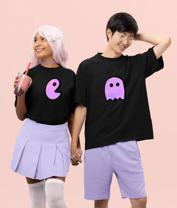 Pac-Man Power Couple Tees| Adorable Matching Tshirts - Navigate the maze of love together, gobbling up moments and cherries along the way with the timeless Pac-man Power couple Tees.