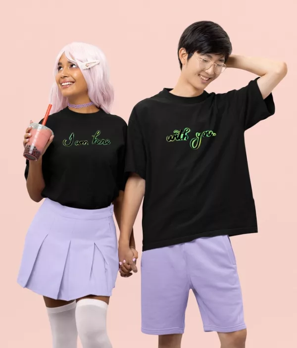 Here & With You Couple Tees| Adorable Matching Tshirts - Express your inseparable bond with our "Here & With You Couple Tees"! This set is designed to speak volumes without saying a word – one tee proudly declares "I'm here," while its counterpart completes the sentence with a heartfelt "with you." Together, they create a powerful affirmation of love and togetherness.