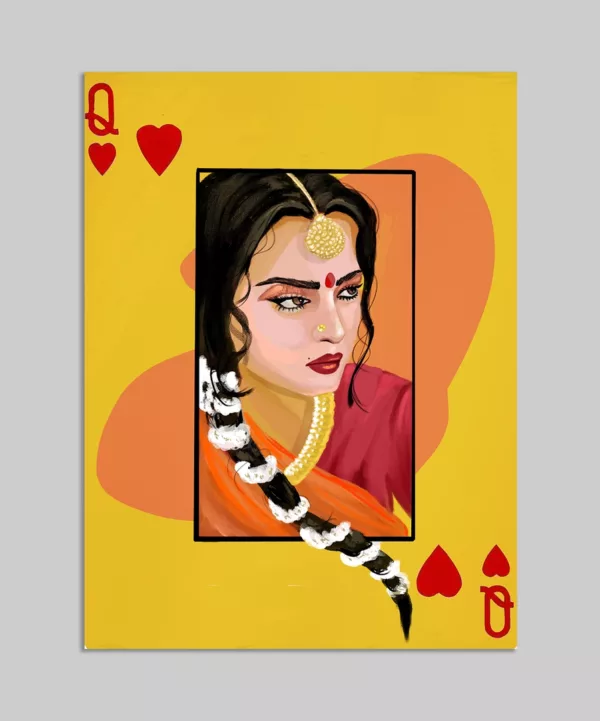 Queen of Hearts - Rekha | Desi Art Metal Poster - Digital art of iconic actress Rekha on a queen of hearts