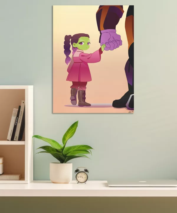 Gamora Fanart Metal Poster - Adorn your space with this captivating metal poster featuring Little Gamora holding Thanos's hands, a poignant scene from Marvel's Guardians of the Galaxy.