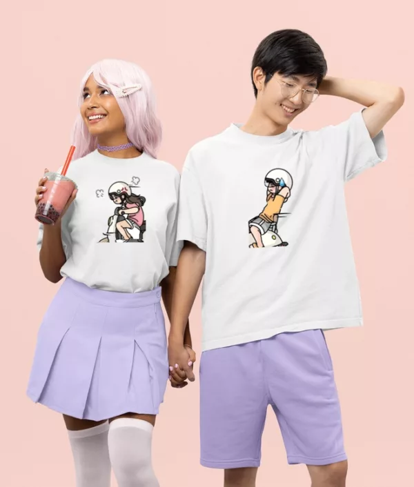 Scooting into Love's Adventure Couple Tees| Adorable Matching Tshirts - Buckle up for a ride through romance with our captivating collection, "Scooting into Love's Adventure." Picture a scene where the girl takes charge of the scooter, steering through the twists and turns of life's open road, while the boy enjoys the breeze in effortless style.