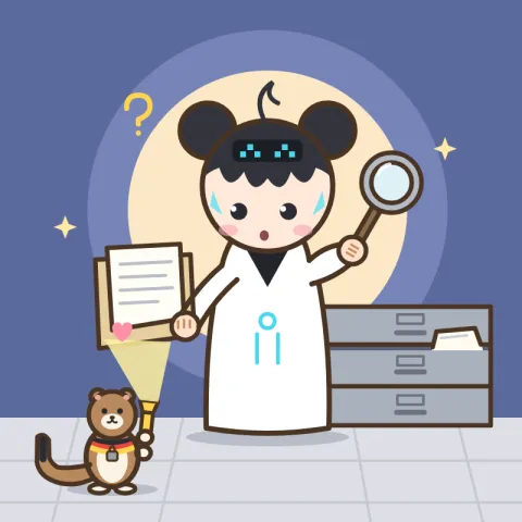 루미가 기록 보관소 서랍 앞에서 돋보기로 작은 하트 도형이 붙은 서류철을 들여다보고, 족제비 보리가 손전등으로 비춰 주는 그림.