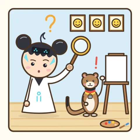 루미가 둥근 돋보기로 벽에 나란히 걸린 똑같은 미소 얼굴 액자 세 개를 살펴보고, 족제비 보리가 이젤 위 빈 캔버스를 앞발로 가리키는 그림.