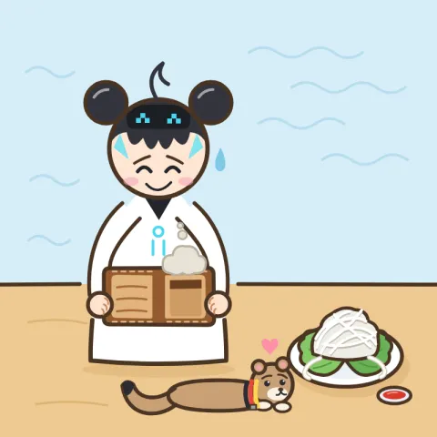 루미가 살구색 둥근 손으로 텅 빈 지갑을 열어 보이며 미안한 표정을 짓고, 옆 접시에는 반투명한 한치회와 빨간 초장이 놓여 있어요. 보리가 접시를 슬쩍 바라봐요.