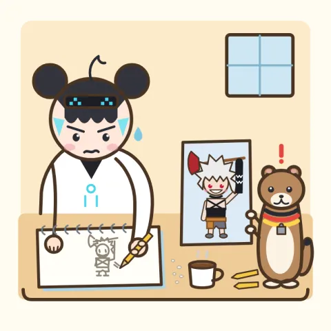 루미가 책상에서 땀방울을 흘리며 스케치북에 재키를 따라 그리고, 옆에서 족제비 보리가 은백색 머리에 빨간 손도끼를 든 재키 자료 그림을 들어 보여 주는 장면.