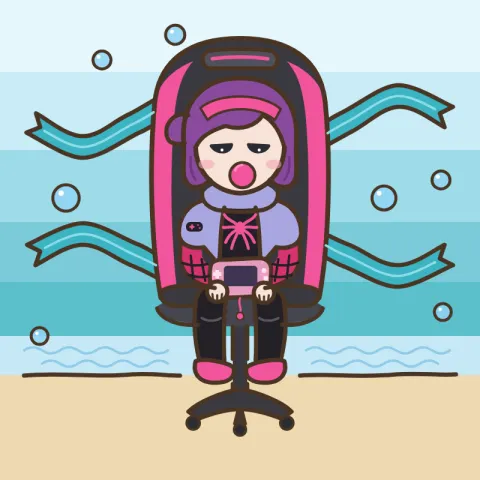 하늘색 물방울이 둥실 떠다니는 시원한 물속 배경이에요. 보라색 단발의 니아가 게이밍 의자에 기대앉아 분홍 휴대용 게임기를 들고, 졸린 눈으로 분홍 풍선껌을 불고 있어요.