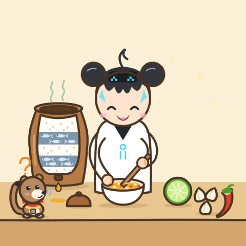 루미가 조리대에서 작은 그릇에 담긴 호박색 소스를 숟가락으로 젓고 있어요. 옆에는 은빛 멸치와 소금을 켜켜이 쌓은 항아리, 반 자른 라임, 마늘, 빨간 고추가 놓여 있어요.