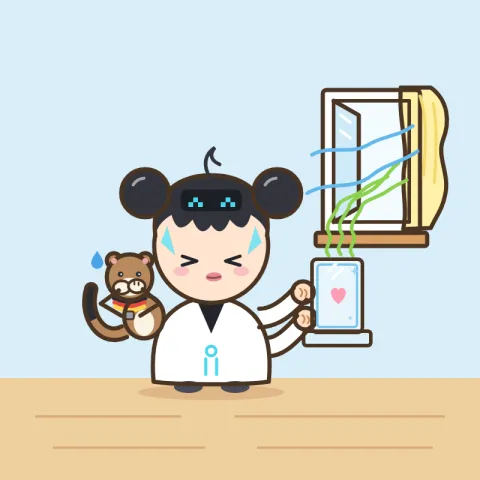 루미가 살짝 찡그린 얼굴로 무늬 없는 투명 아크릴 스탠드를 열린 창가에 내놓고, 어깨 위 족제비 보리는 앞발로 코를 막고 있다.
