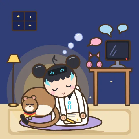 방송이 끝난 어두운 방에서 루미가 메모장을 무릎에 올린 채 갈색 족제비 보리에게 기대어 꾸벅꾸벅 졸고 있다. 옆의 꺼진 모니터에는 작은 말풍선들이 떠 있다.