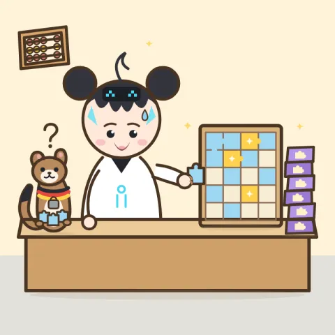 루미가 책상에서 반쯤 채운 퍼즐 판에 조각을 끼우며 땀을 흘리고, 옆에서 보리가 똑같은 조각 여러 개를 안고 고개를 갸웃하는 그림.