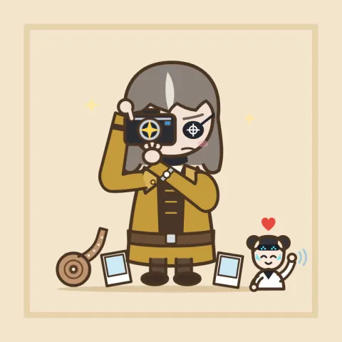 실험체 마르티나가 검은 필름 카메라를 눈앞에 들고 사진을 찍고 있고, 발치에는 갈색 필름 롤과 빈 즉석사진이 놓여 있으며, 루미가 옆에서 살구색 둥근 손으로 하트를 띄우며 응원하는 그림.