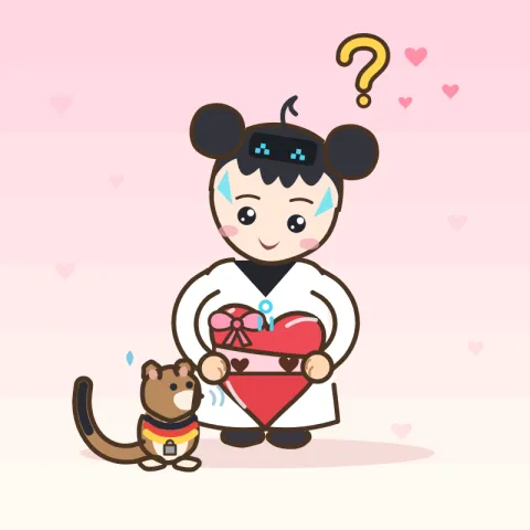 루미가 빨간 하트 모양 초콜릿 상자를 살구색 둥근 손으로 꼭 안고 머리 위에 커다란 물음표를 띄운 채 설레는 표정을 짓고, 옆에서 족제비 보리가 상자를 기웃거려요.