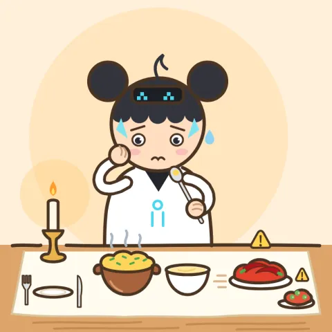만찬 식탁 앞에서 루미가 한쪽 볼을 손으로 감싼 채 계란찜을 살살 떠먹고 있어요. 식탁 끝으로 밀어 둔 매운 찜과 새콤한 무침은 아쉬운 눈길로 바라보기만 해요.