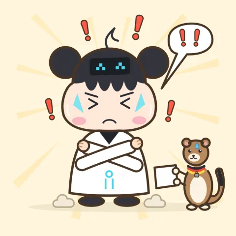 볼을 빵빵하게 부풀린 루미가 팔짱을 끼고 두 발로 버티고 서 있어요. 옆에서는 족제비 보리가 빈 카드를 내밀며 땀을 흘리고, 루미 머리 위에는 느낌표가 떠 있어요.