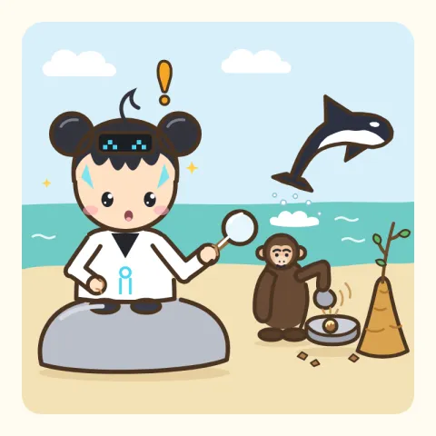 해변 바위에 쪼그려 앉은 루미가 돌로 견과를 깨는 침팬지를 신기하게 바라보고, 뒤편 바다에서는 검은 몸에 흰 눈무늬가 있는 범고래가 물 위로 뛰어오르는 그림.