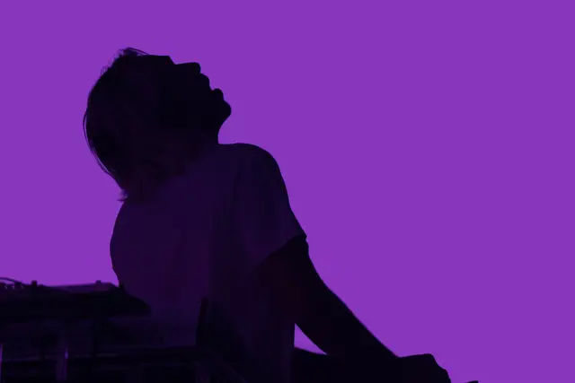 Purple silhouette of Flume stairing up with his hands on his controls