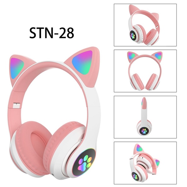 Tai Nghe Chụp Tai STN-28 / Tai Nghe Bluetooth 5.0 Mèo Cute Có Micro Chuyên Livestream LED RGB 12 Chế Độ EQ-Âm Bass Mạnh