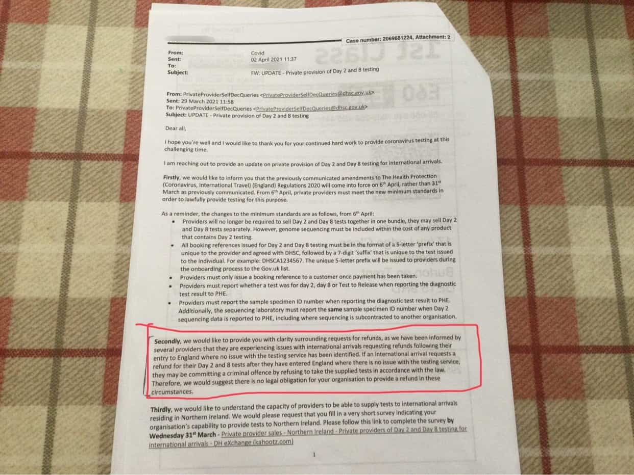 Olga said this DHSC letter was used by the test provider and their bank to refute Alexei's claim, using the highlighted paragraph which is not applicable to Alexei's case.  