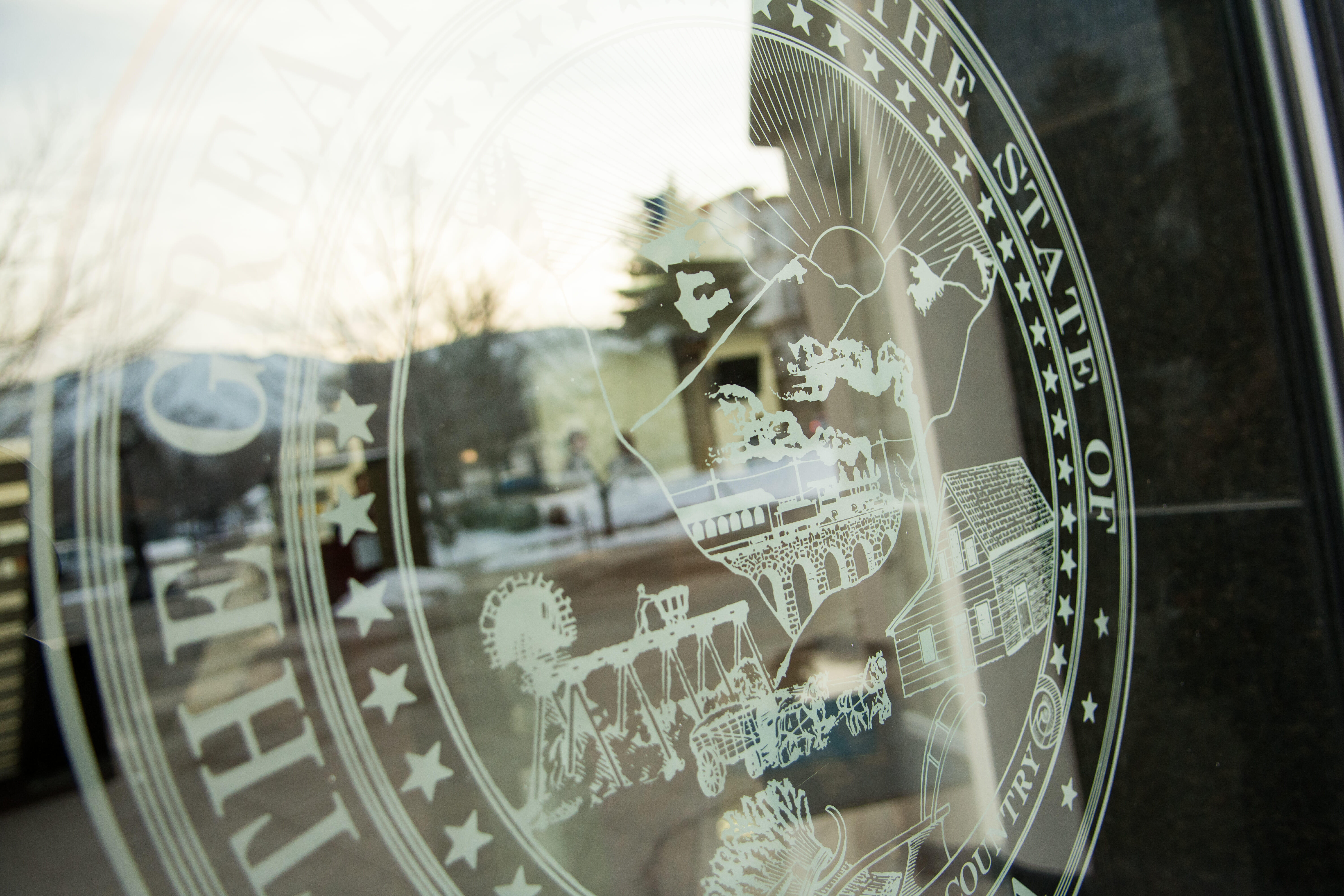 The state seal of Nevada shown on a glass window or door