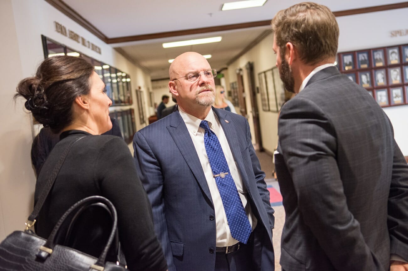 Republican Assemblyman Ira Hansen chats outside the state Assembly