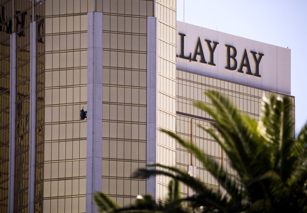 A shattered window on the 32nd floor at the Mandalay Bay
