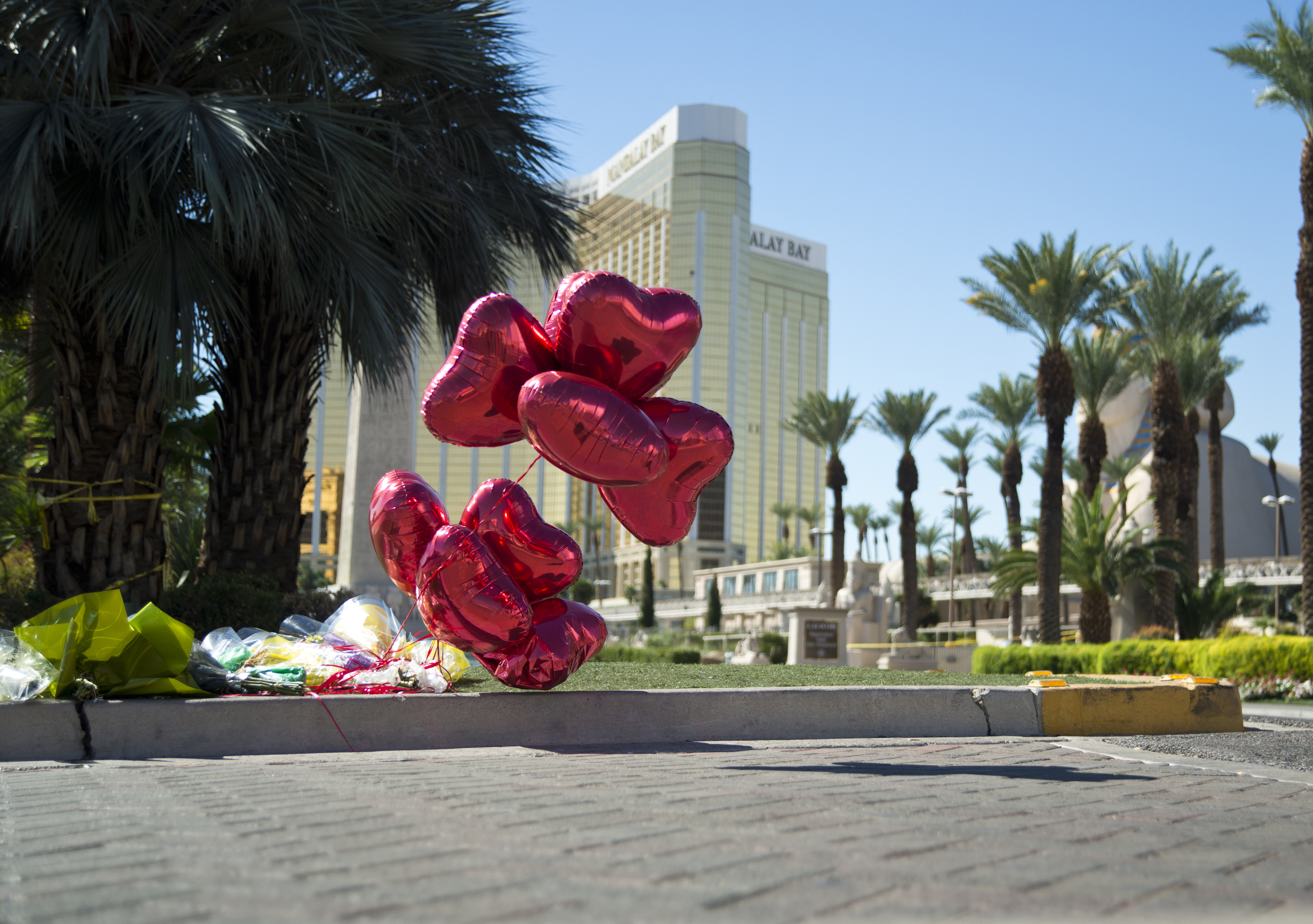 Flowers lay on the ground near the Route 91 Festival grounds