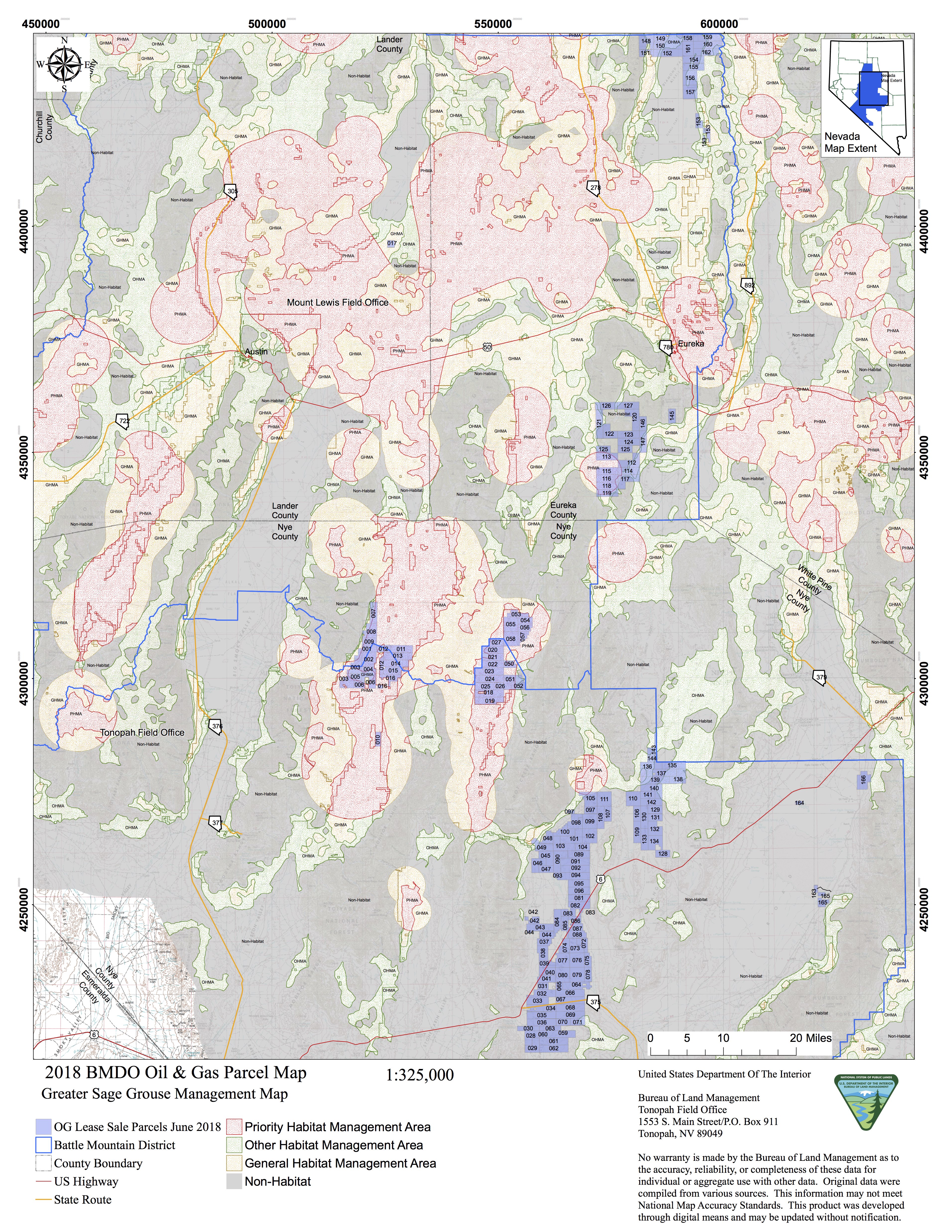 A land map of Nevada with highlights of oil and gas parcels