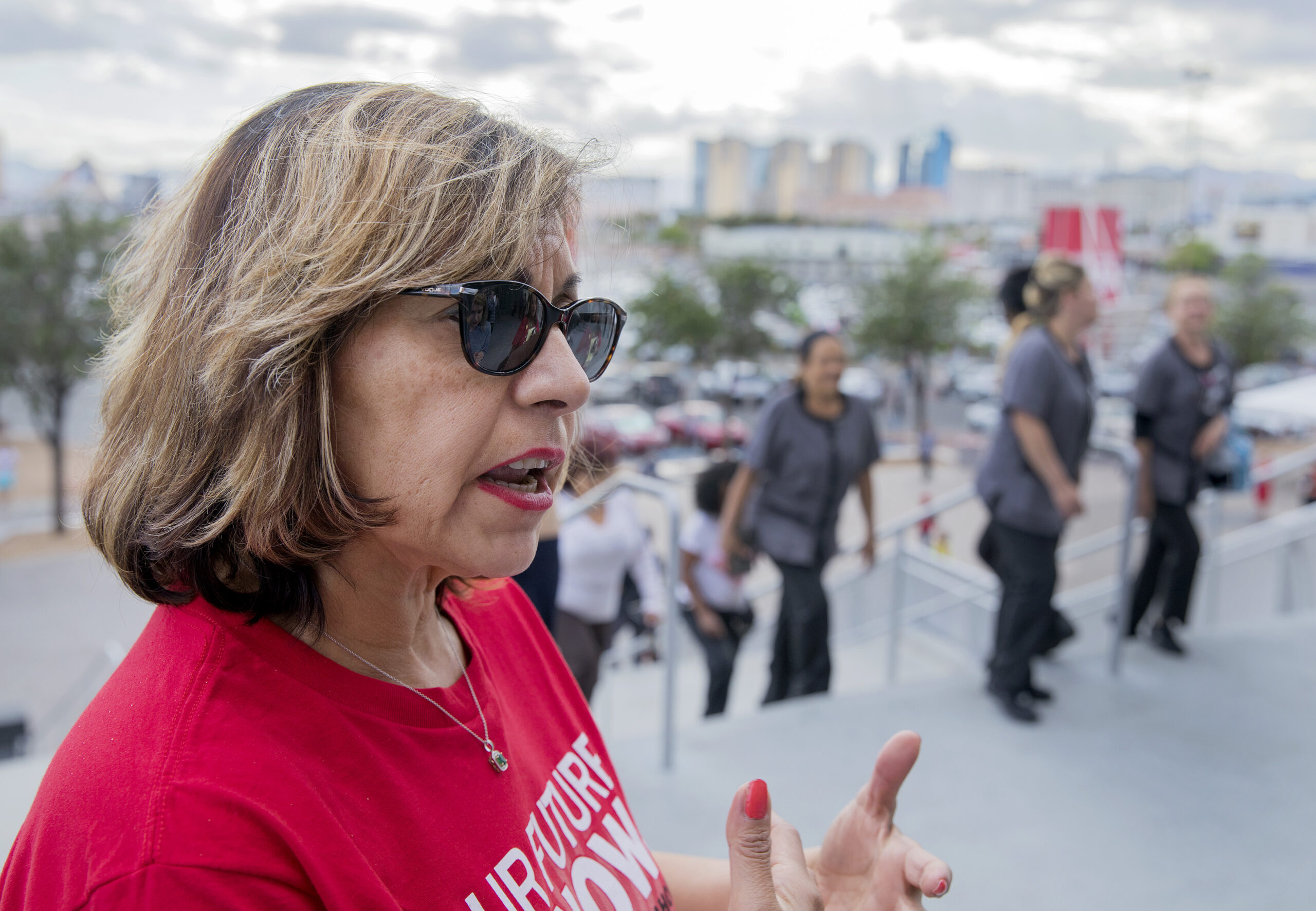 Geoconda Arguello-Kline in a red shirt