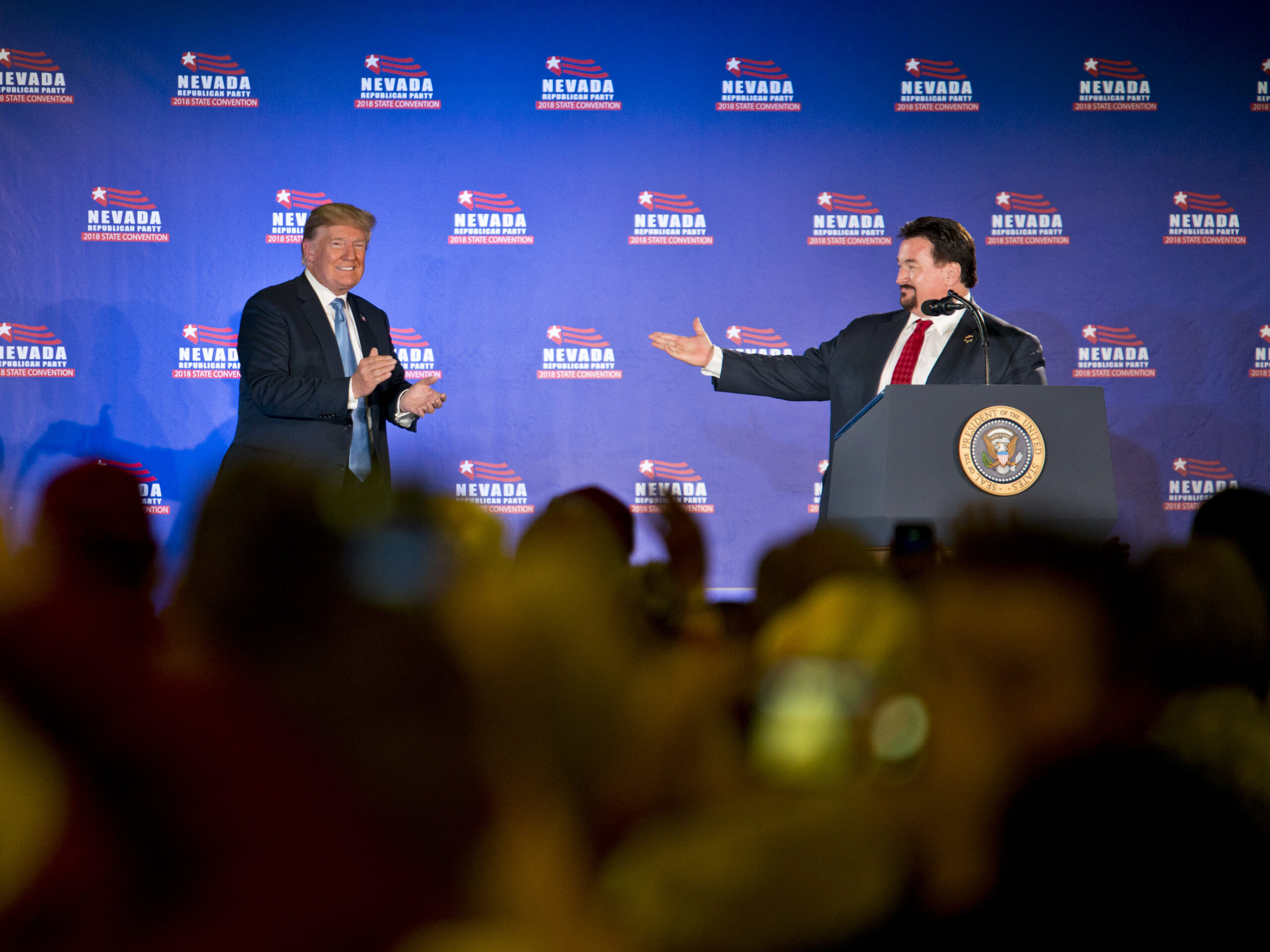 Nevada GOP Chairman Michael J. McDonald, right, introduces then-President Donald J. Trump during the Nevada Republican Party Convention inside the Suncoast Hotel and Casino on Saturday, June 23, 2018. (Daniel Clark/The Nevada Independent).