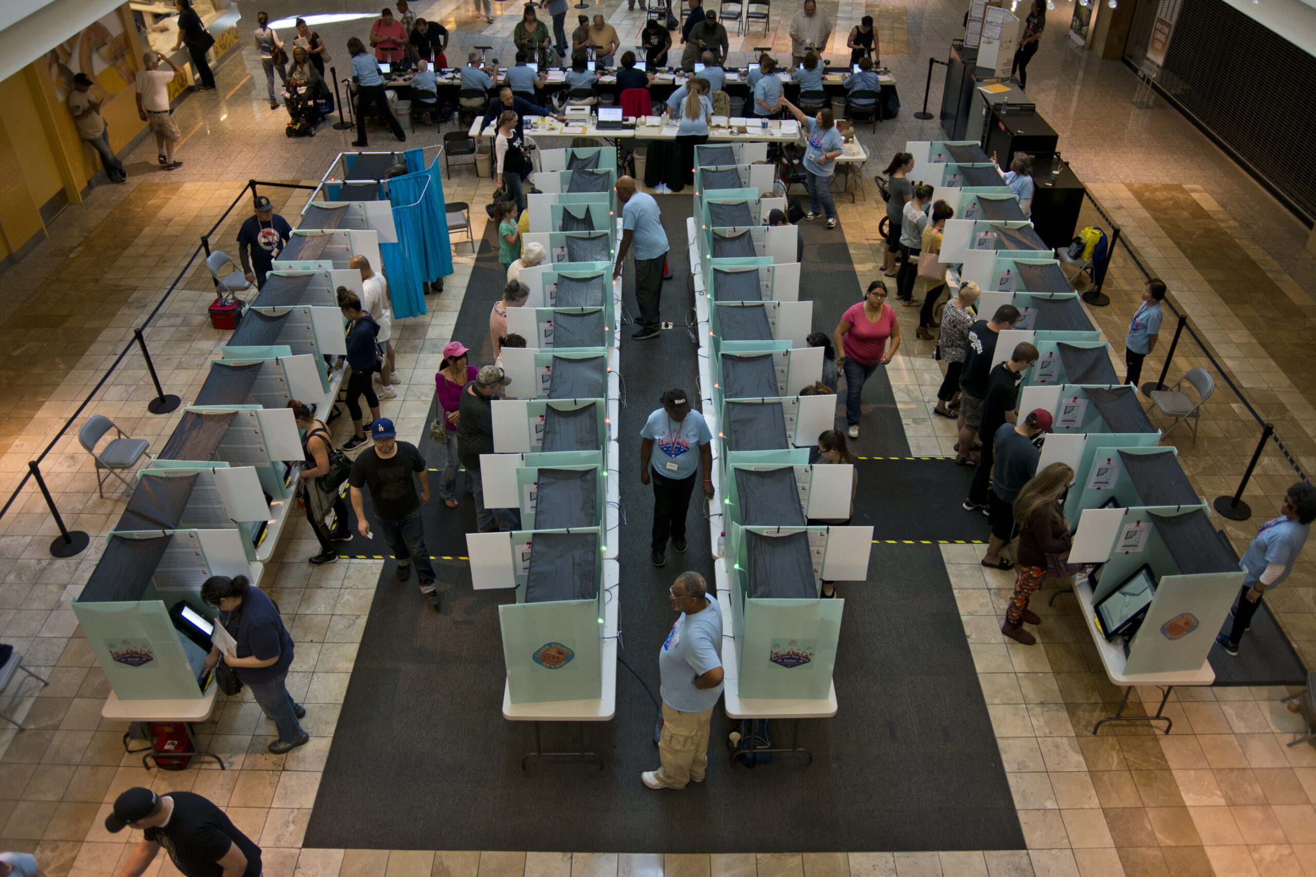 Overhead view looking down on voting stations