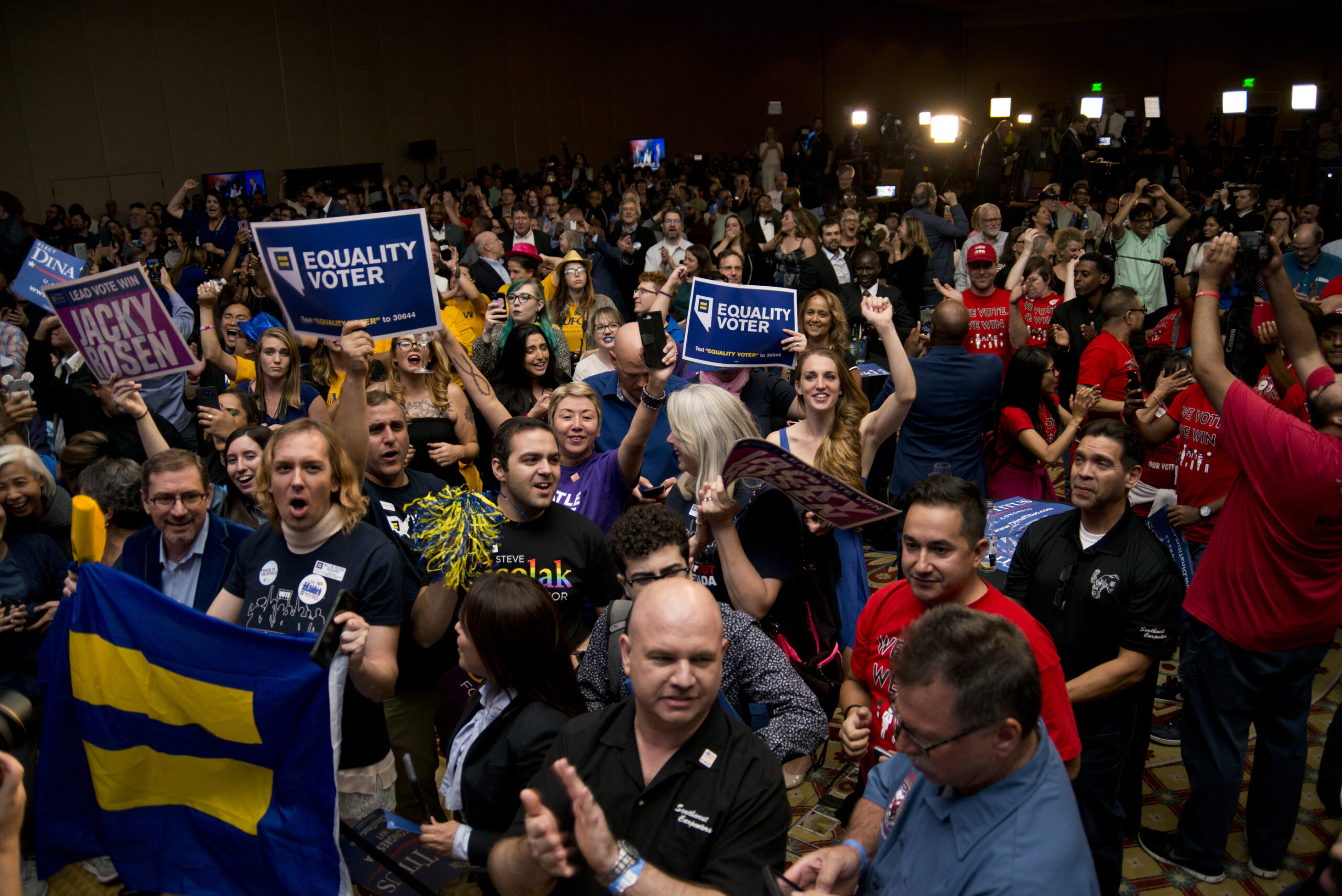 Democratic supporters cheer at the the Nevada Democratic Party election night event at Caesars Palace