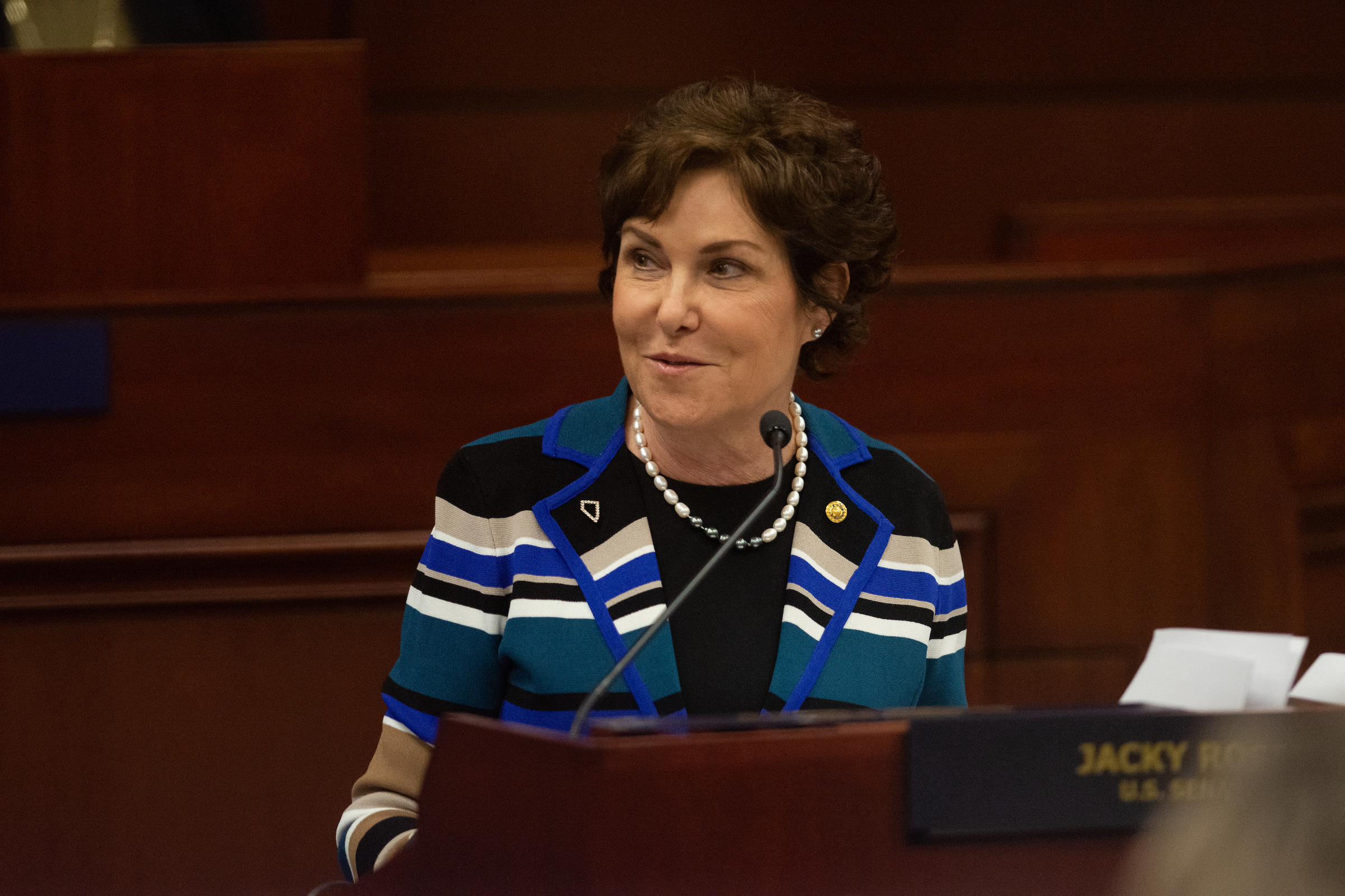 Senator Jacky Rosen in a striped sweater speaking to the Nevada Legislature